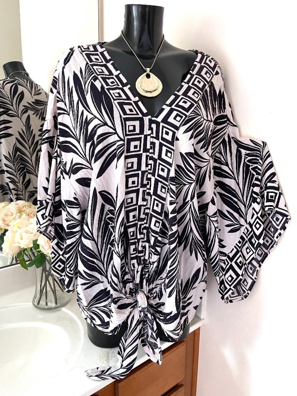 BUNULU Plus Size Top 1X black Women's Tunic Front Tie Shirt Cotton Blend Blouse